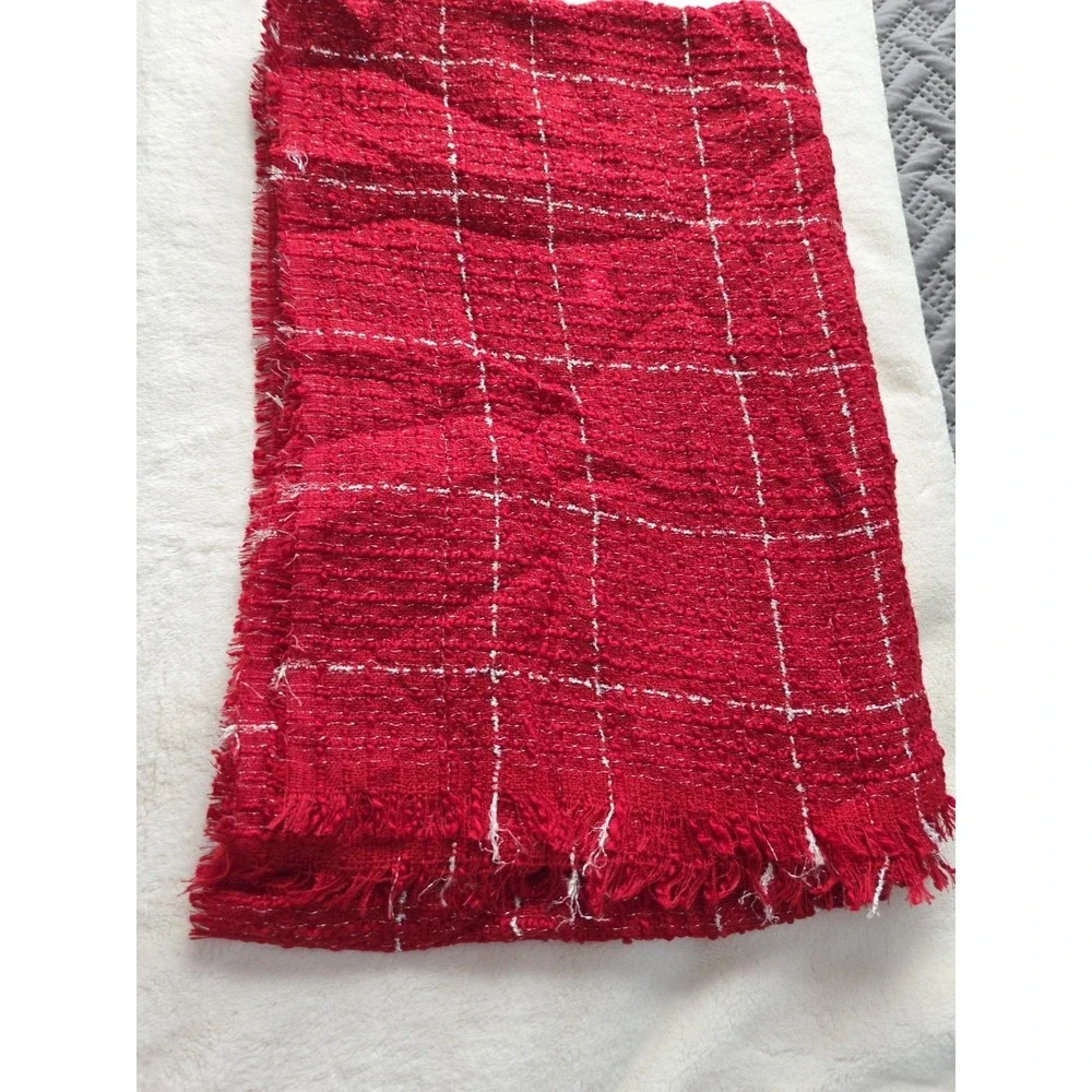 Red Silver Metallic Striped Large Rectangle‎ Scarf Fringe Lightweight Gauzy